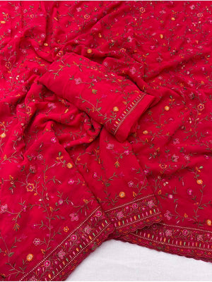 Peachmode Red Georgette Saree with Kashmiri Embroidery Work - Image 2