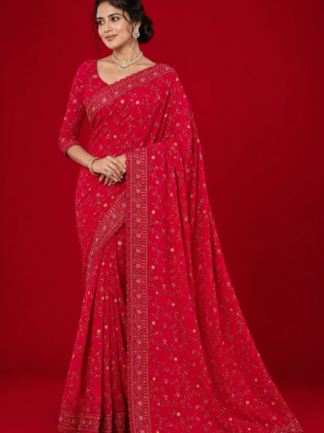 Peachmode Red Georgette Saree with Kashmiri Embroidery Work - Image 1