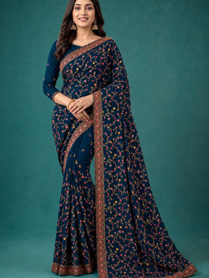 Peachmode Teal Georgette Saree with Kashmiri Embroidery Work - Image 1