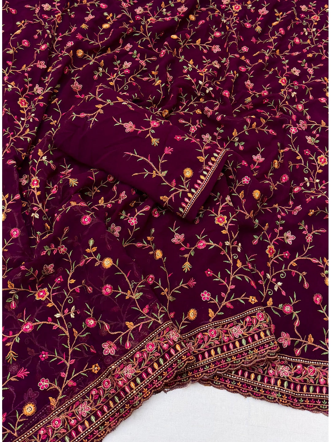 Peachmode Wine Georgette Saree with Kashmiri Embroidery Work - Image 2