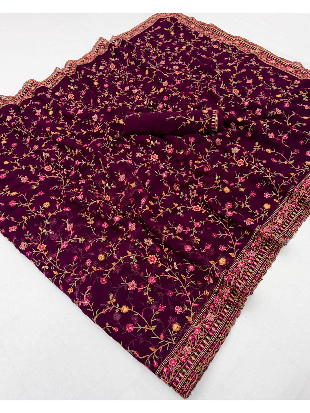 Peachmode Wine Georgette Saree with Kashmiri Embroidery Work - Image 3