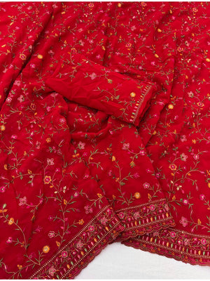 Peachmode Red Georgette Saree with Kashmiri Embroidery Work - Image 2