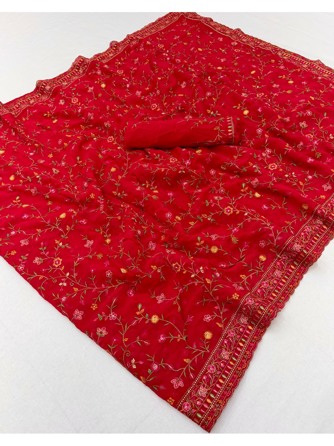 Peachmode Red Georgette Saree with Kashmiri Embroidery Work - Image 3