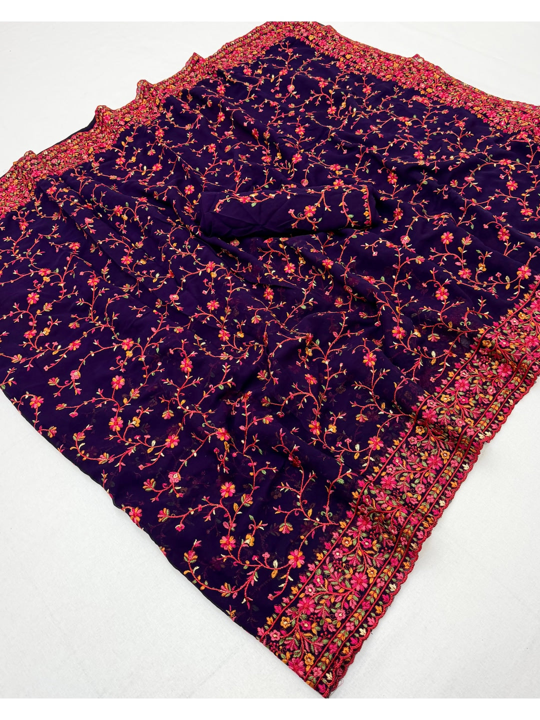 Peachmode Purple Georgette Saree with Kashmiri Embroidery Work - Image 3