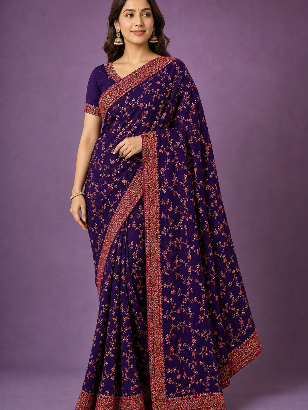 Peachmode Purple Georgette Saree with Kashmiri Embroidery Work - Image 1