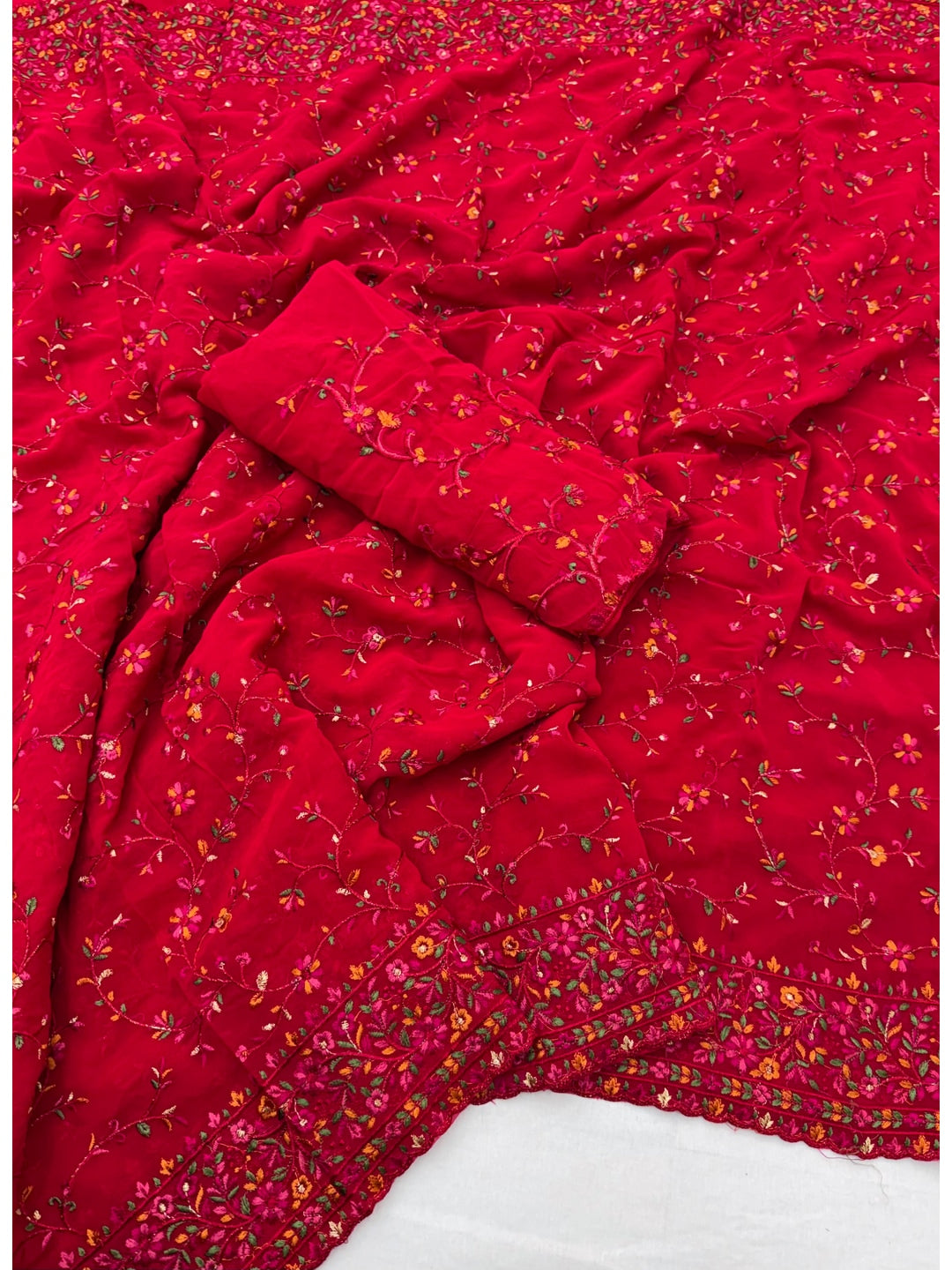 Peachmode Red Georgette Saree with Kashmiri Embroidery Work - Image 2
