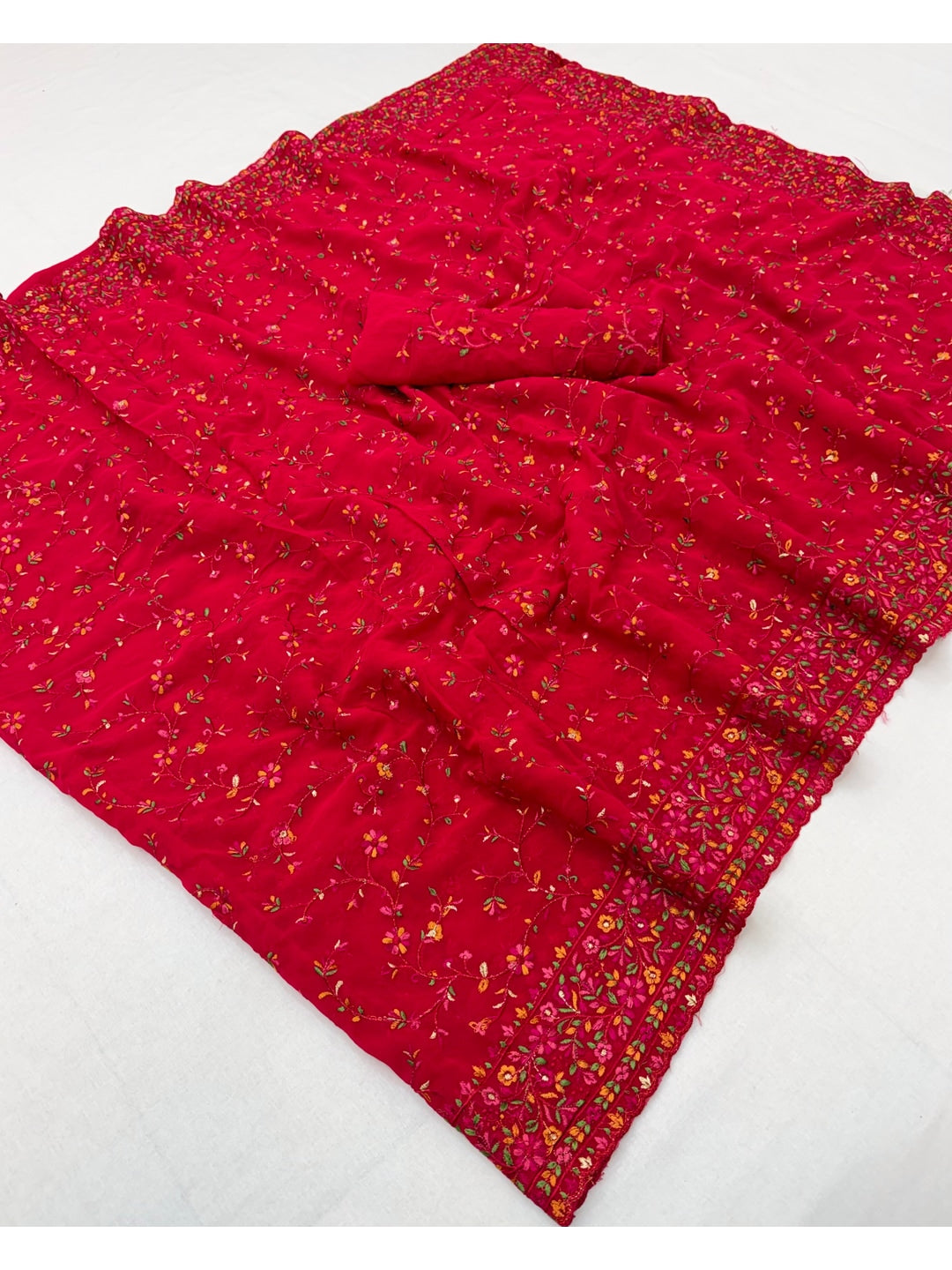 Peachmode Red Georgette Saree with Kashmiri Embroidery Work - Image 3