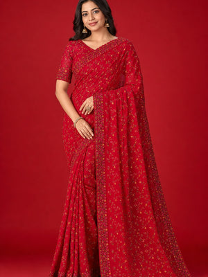 Peachmode Red Georgette Saree with Kashmiri Embroidery Work - Image 1
