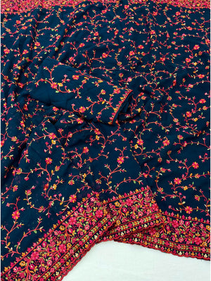 Peachmode Teal Georgette Saree with Kashmiri Embroidery Work - Image 2