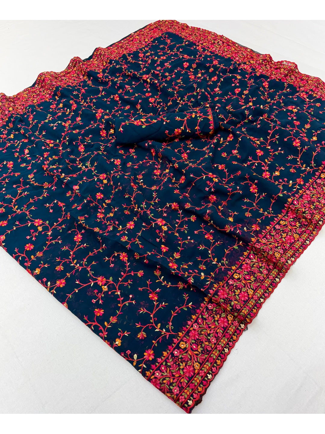 Peachmode Teal Georgette Saree with Kashmiri Embroidery Work - Image 3