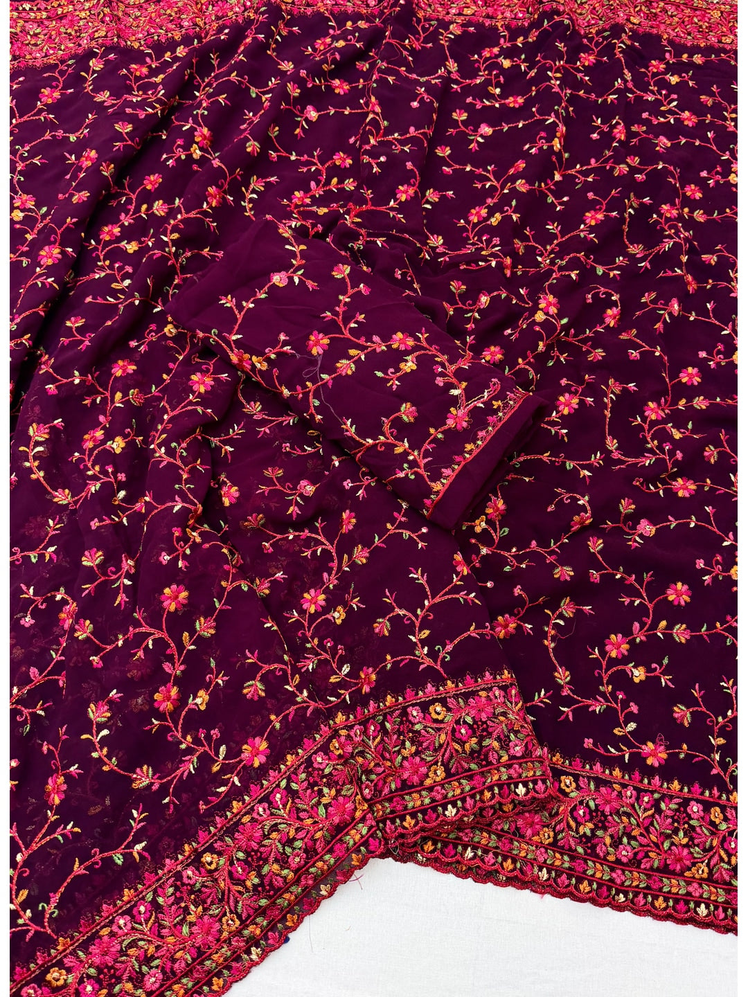 Peachmode Wine Georgette Saree with Kashmiri Embroidery Work - Image 2