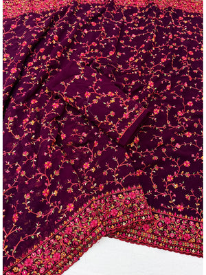 Peachmode Wine Georgette Saree with Kashmiri Embroidery Work - Image 2