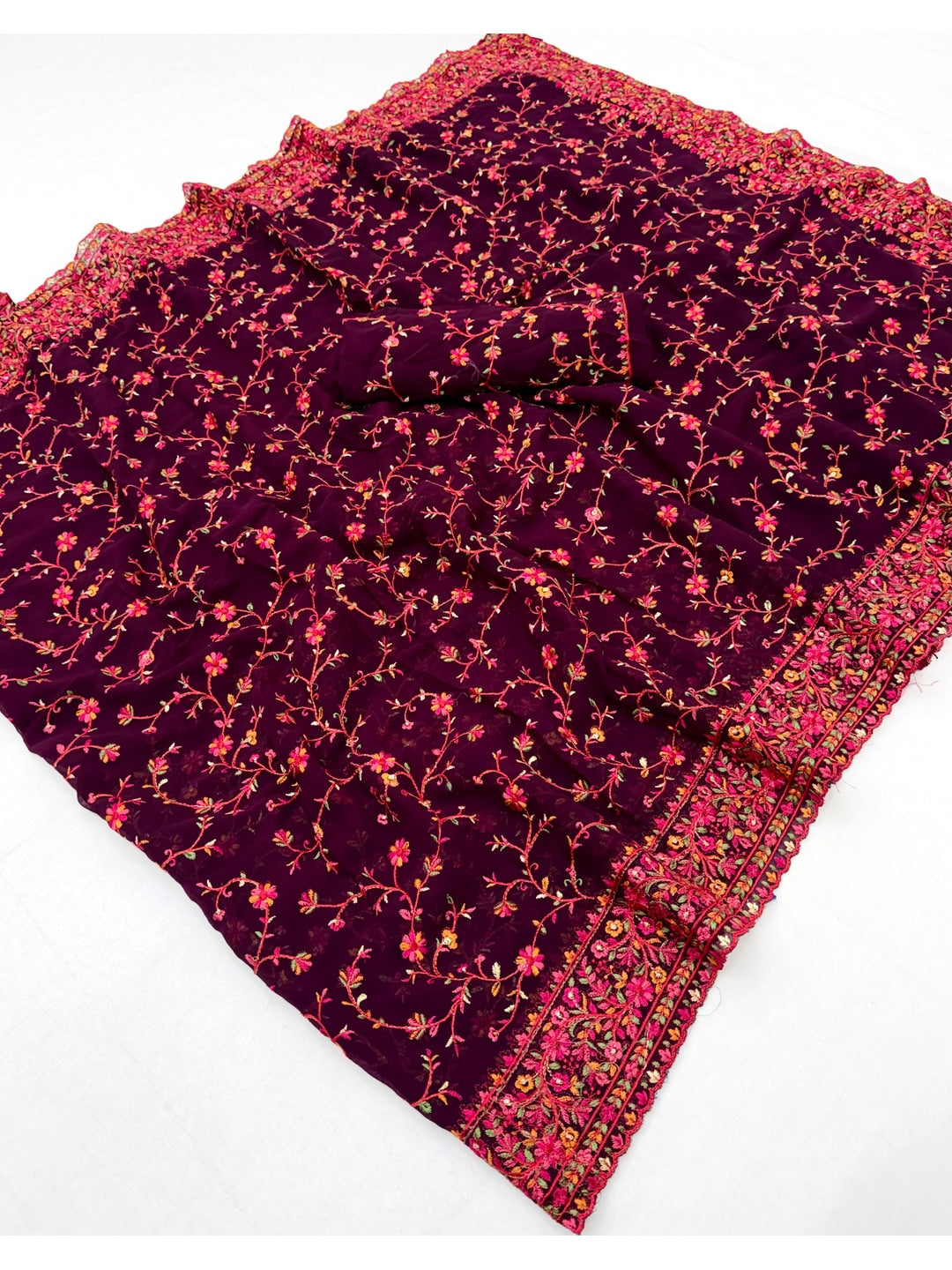Peachmode Wine Georgette Saree with Kashmiri Embroidery Work - Image 3