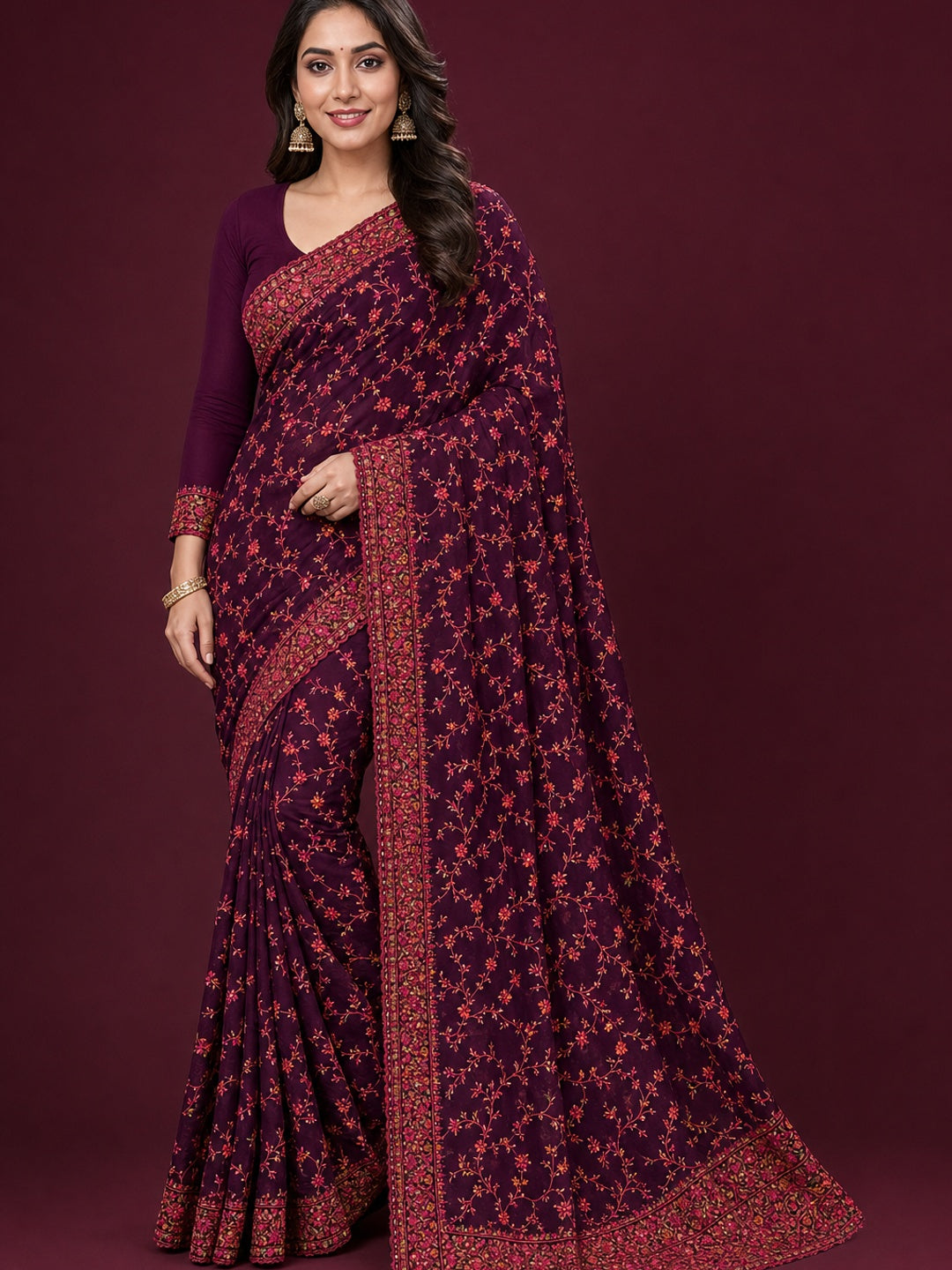 Peachmode Wine Georgette Saree with Kashmiri Embroidery Work - Image 1