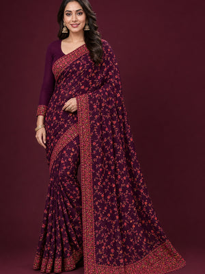 Peachmode Wine Georgette Saree with Kashmiri Embroidery Work - Image 1