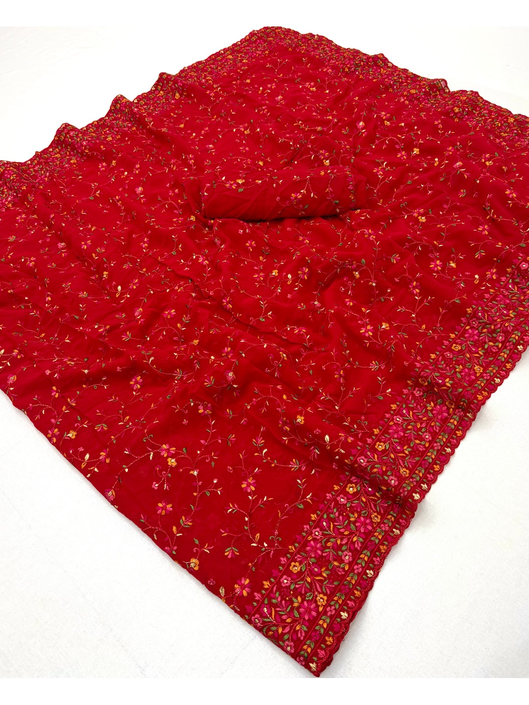Peachmode Red Georgette Saree with Kashmiri Embroidery Work - Image 3