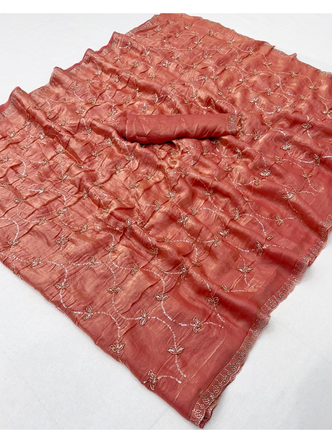 Peachmode Peach Satin Silk Saree with Stone Work Border - Image 2