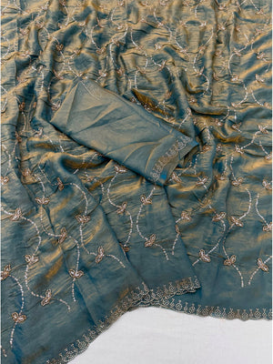 Peachmode Teal Satin Silk Saree with Stone Work Border - Image 2