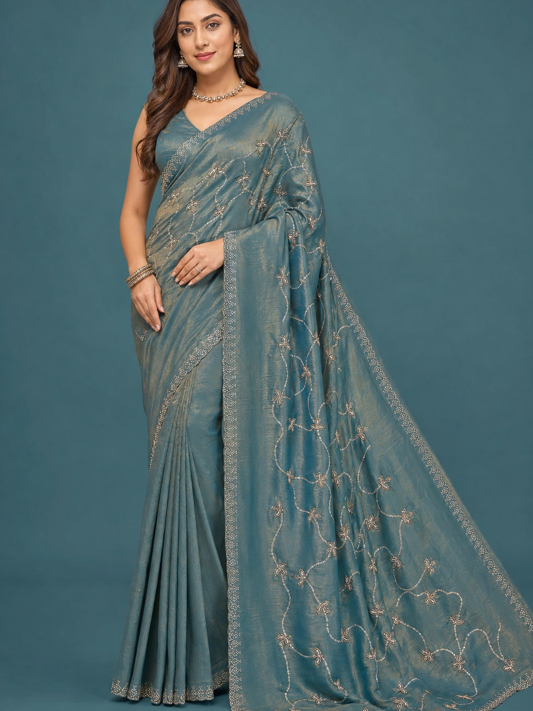 Peachmode Teal Satin Silk Saree with Stone Work Border - Image 1