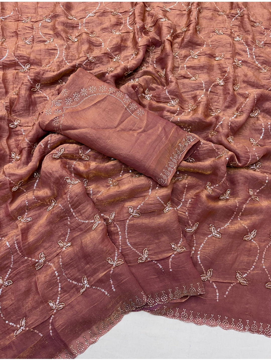Peachmode Mauve Satin Silk Saree with Stone Work Border - Image 2