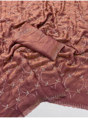 Peachmode Mauve Satin Silk Saree with Stone Work Border - Image 2