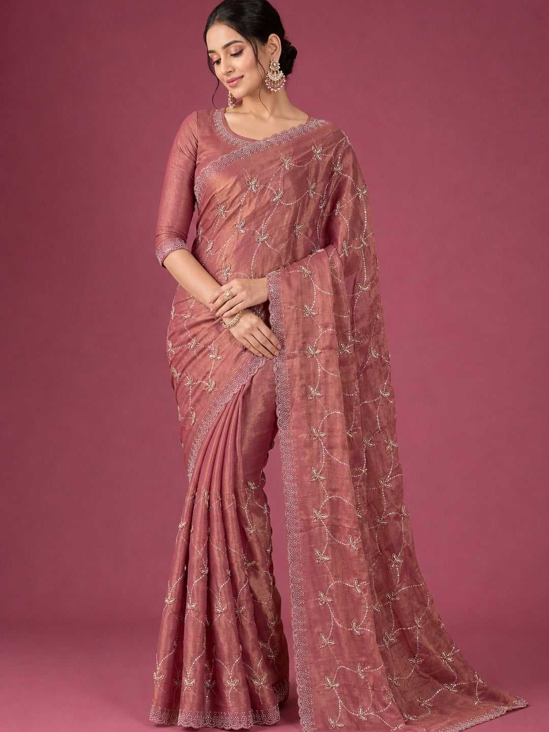 Peachmode Mauve Satin Silk Saree with Stone Work Border - Image 1
