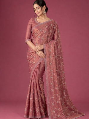 Peachmode Mauve Satin Silk Saree with Stone Work Border - Image 1