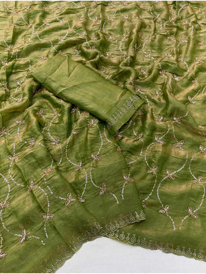 Peachmode Olive Satin Silk Saree with Stone Work Border - Image 2