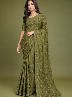 Peachmode Olive Satin Silk Saree with Stone Work Border - Image 1