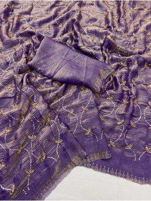 Peachmode Purple Satin Silk Saree with Stone Work Border - Image 2