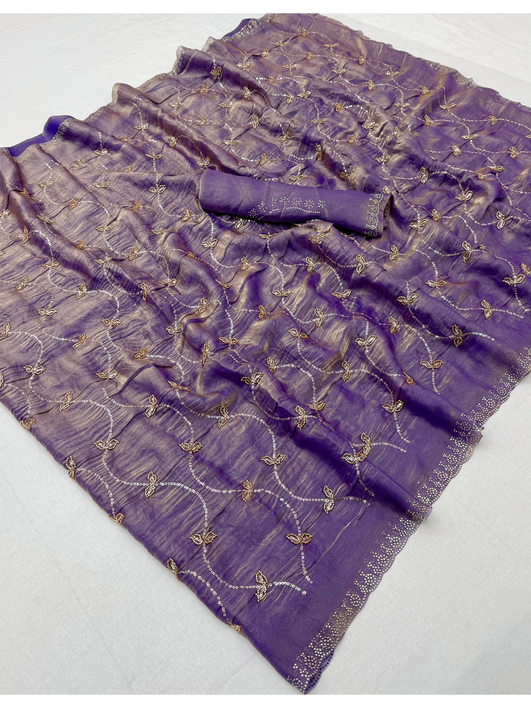 Peachmode Purple Satin Silk Saree with Stone Work Border - Image 3
