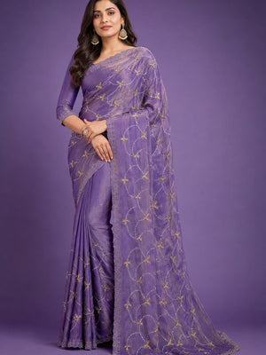 Peachmode Purple Satin Silk Saree with Stone Work Border - Image 1