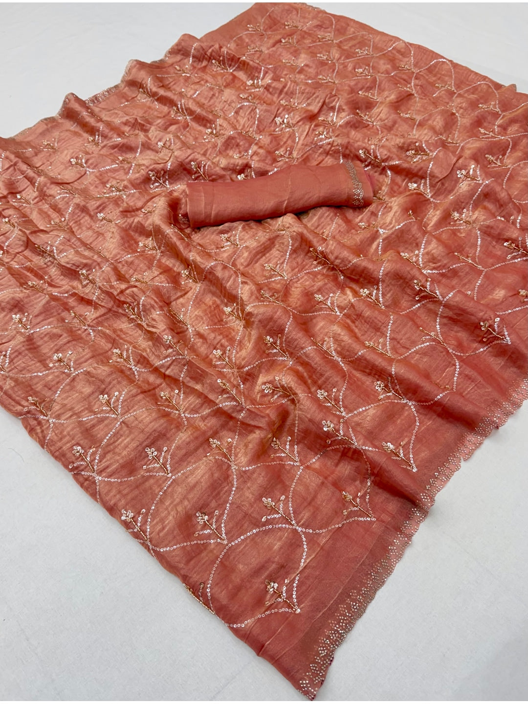 Peachmode Peach Satin Silk Saree with Stone Work Border - Image 2
