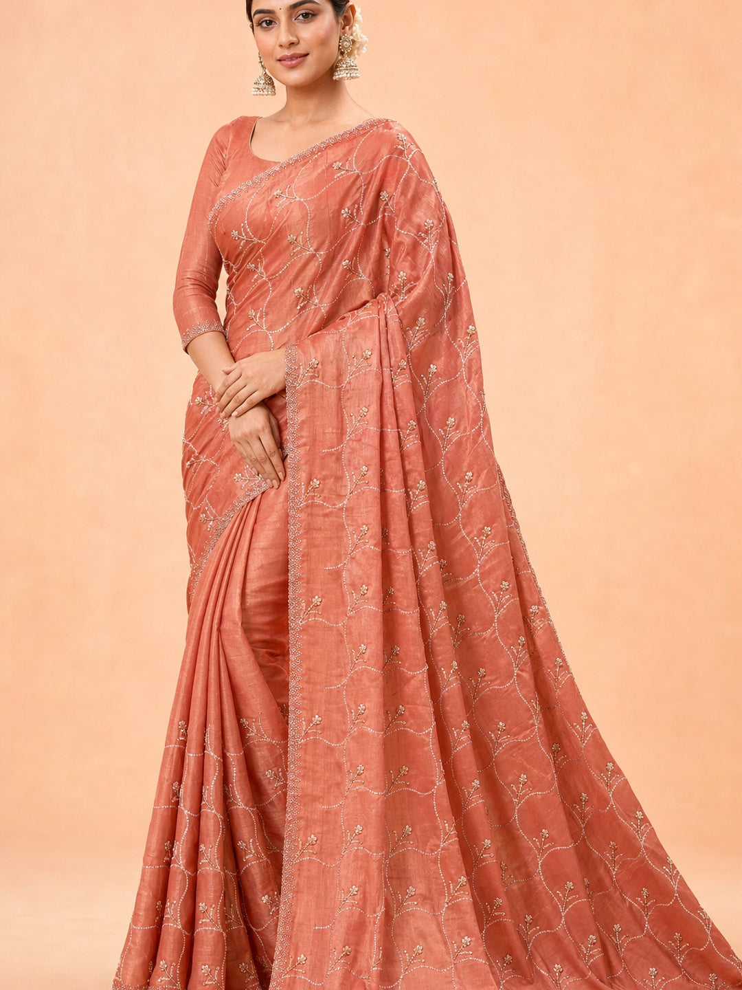 Peachmode Peach Satin Silk Saree with Stone Work Border - Image 1