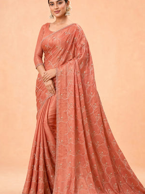 Peachmode Peach Satin Silk Saree with Stone Work Border - Image 1