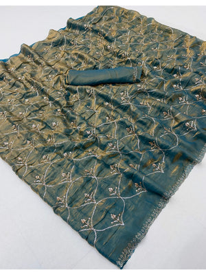 Peachmode Teal Satin Silk Saree with Stone Work Border - Image 2