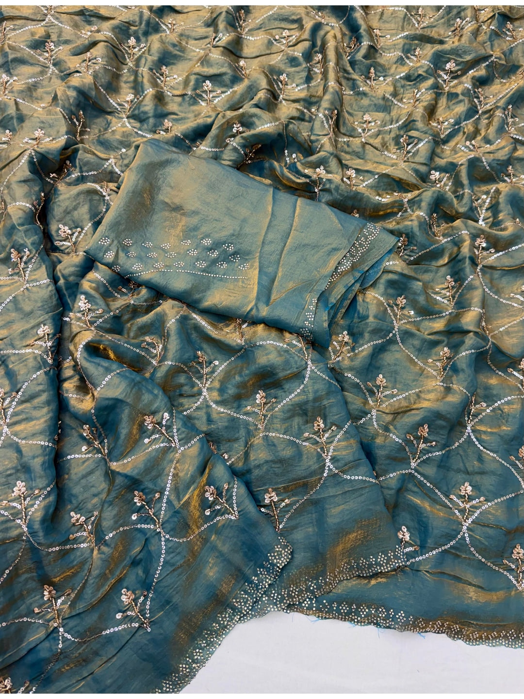 Peachmode Teal Satin Silk Saree with Stone Work Border - Image 3