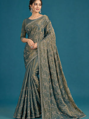 Peachmode Teal Satin Silk Saree with Stone Work Border - Image 1