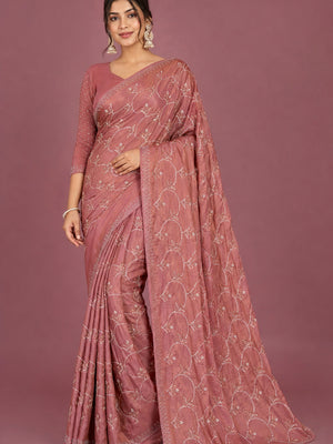 Peachmode Mauve Satin Silk Saree with Stone Work Border - Image 1