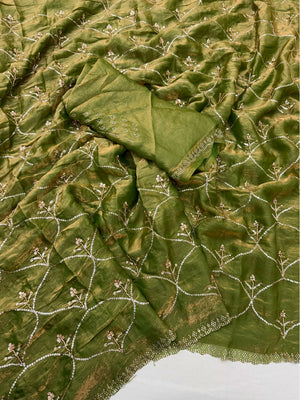 Peachmode Olive Satin Silk Saree with Stone Work Border - Image 2