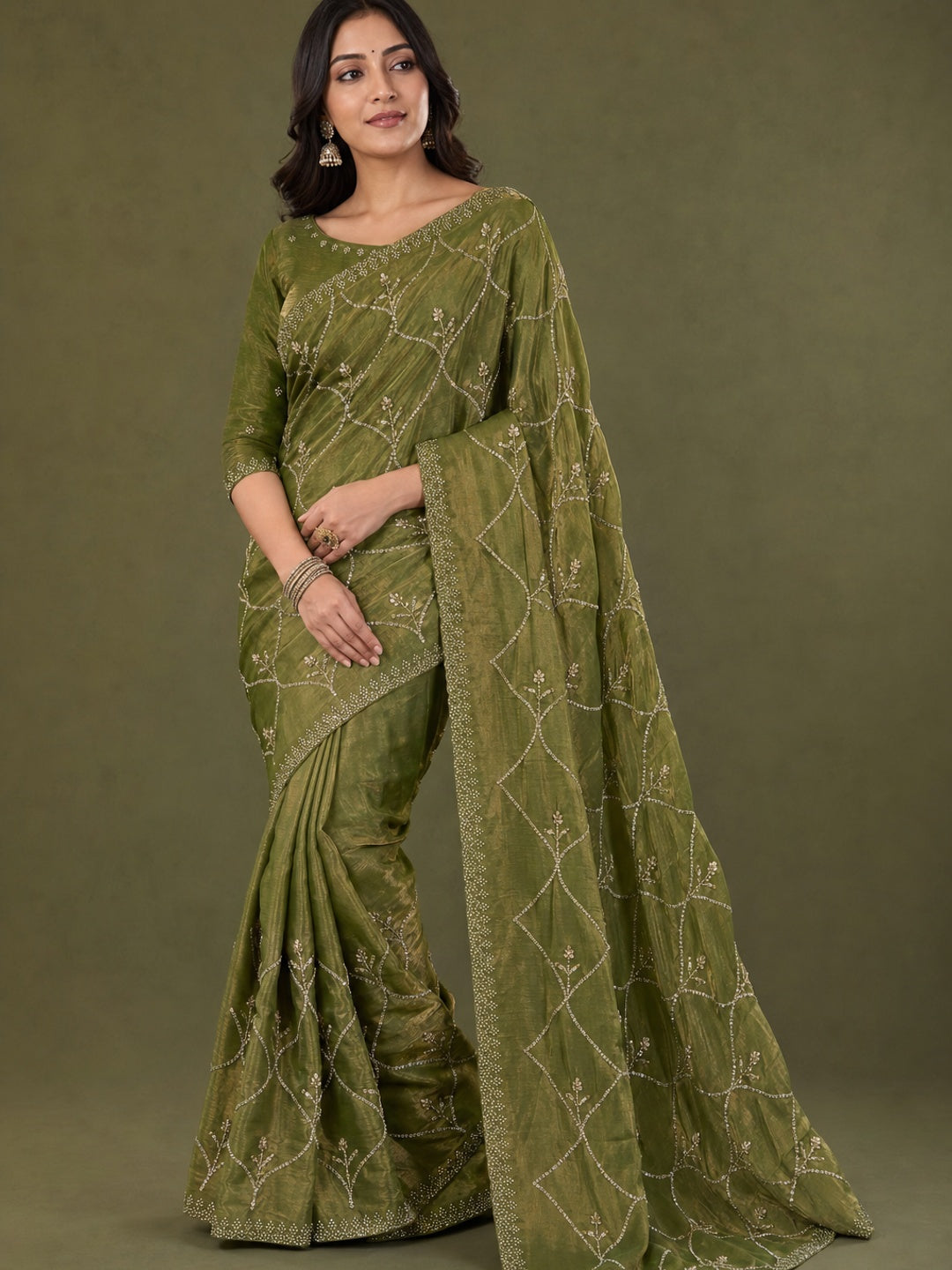 Peachmode Olive Satin Silk Saree with Stone Work Border - Image 1