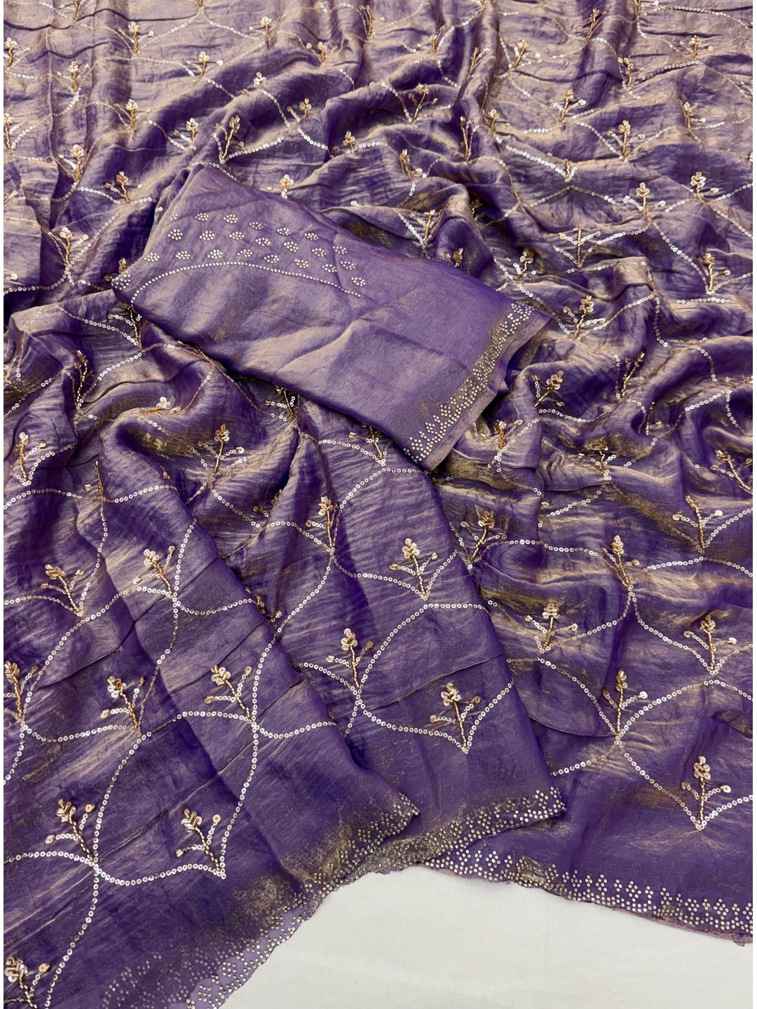 Peachmode Purple Satin Silk Saree with Stone Work Border - Image 2