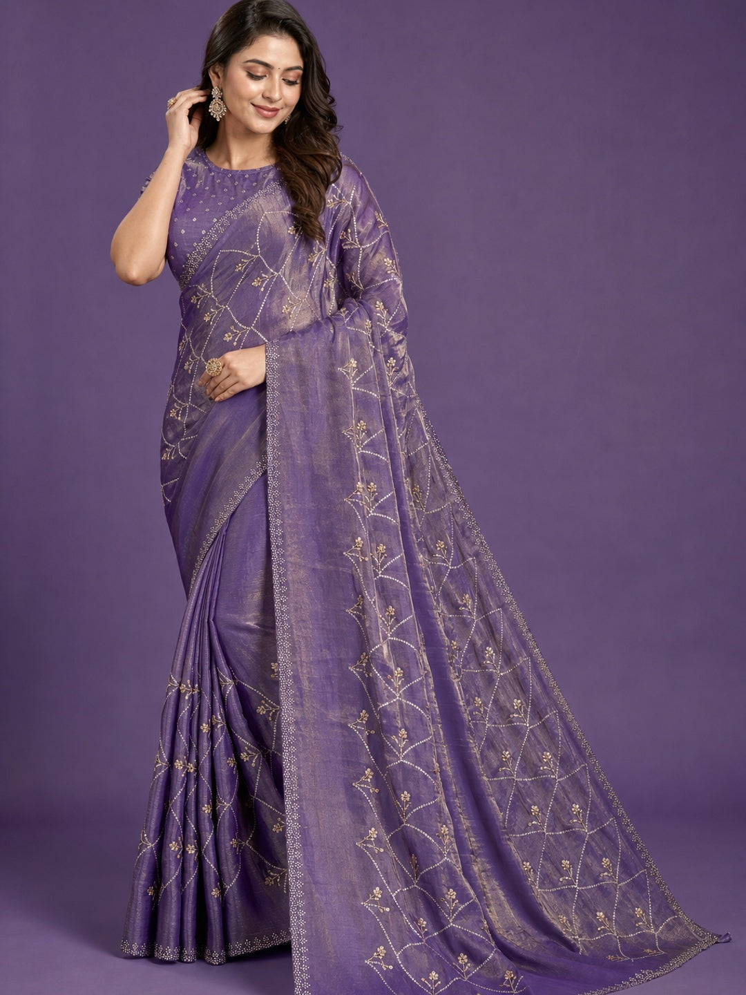 Peachmode Purple Satin Silk Saree with Stone Work Border - Image 1