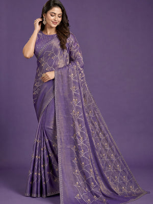 Peachmode Purple Satin Silk Saree with Stone Work Border - Image 1