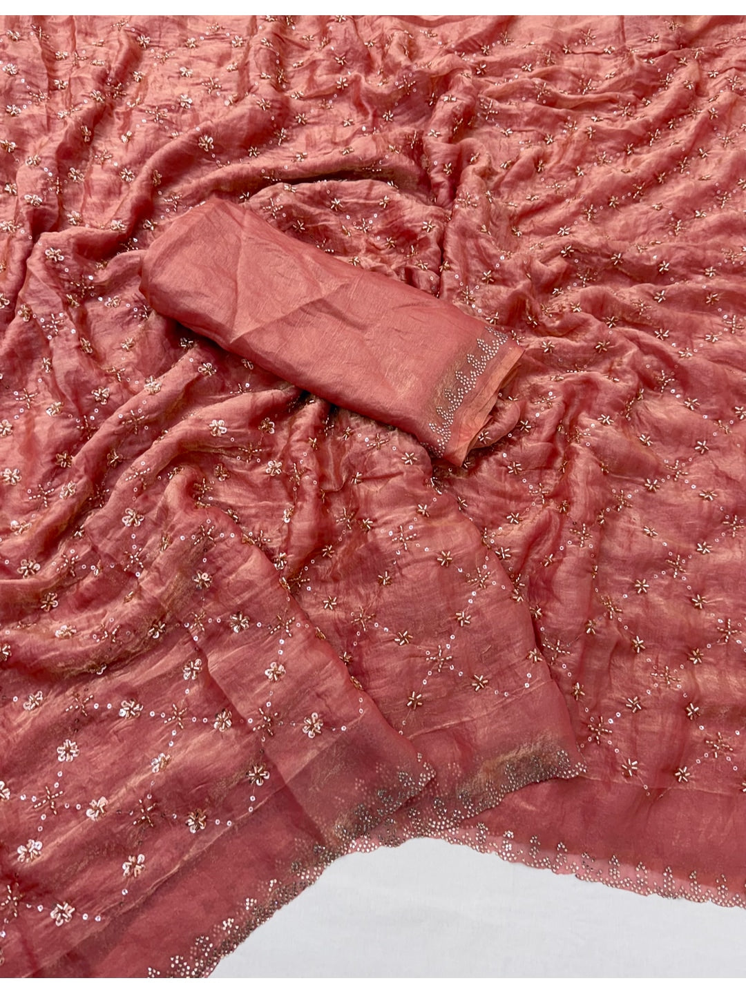 Peachmode Peach Satin Silk Saree with Stone Work Border - Image 2