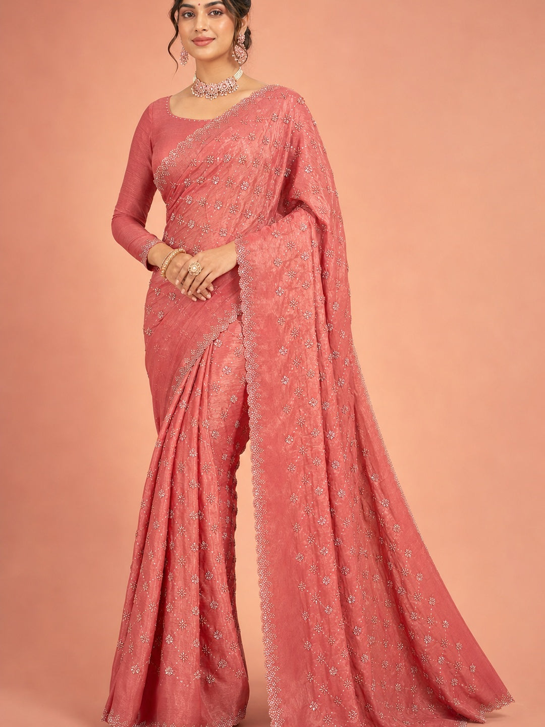 Peachmode Peach Satin Silk Saree with Stone Work Border - Image 1
