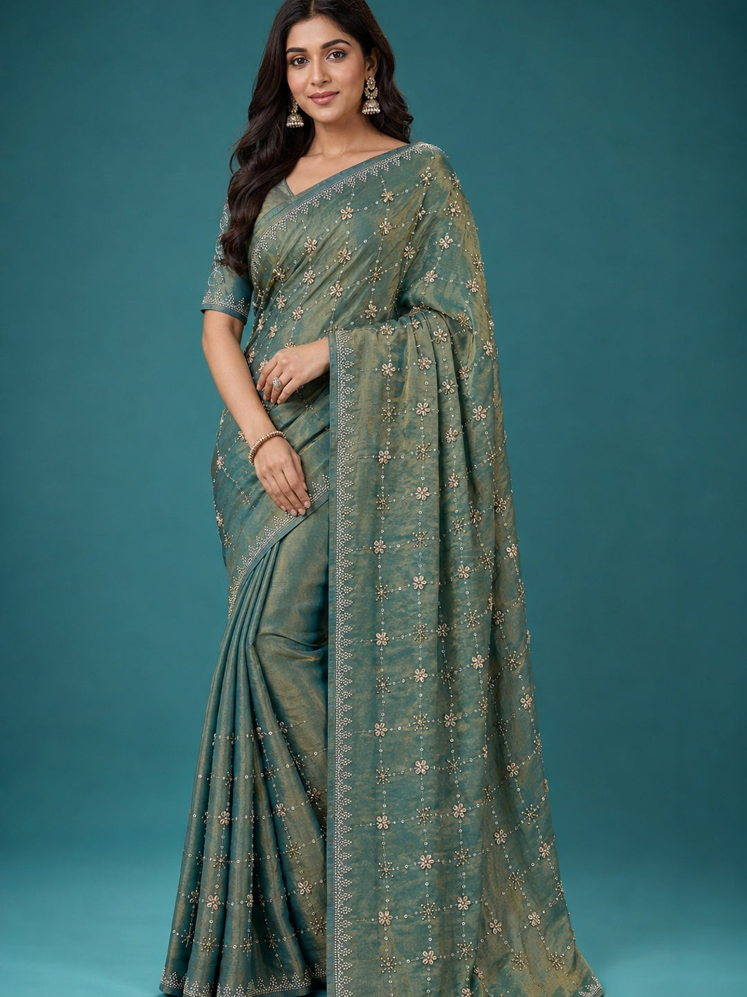 Peachmode Teal Satin Silk Saree with Stone Work Border - Image 1