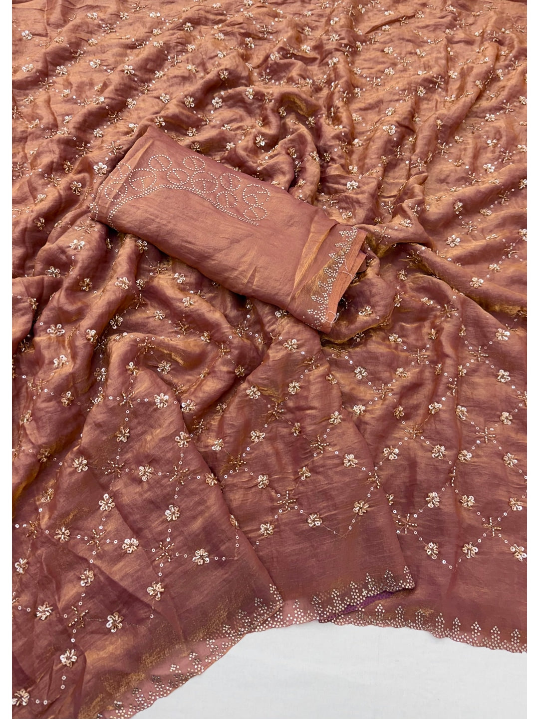 Peachmode Mauve Satin Silk Saree with Stone Work Border - Image 3