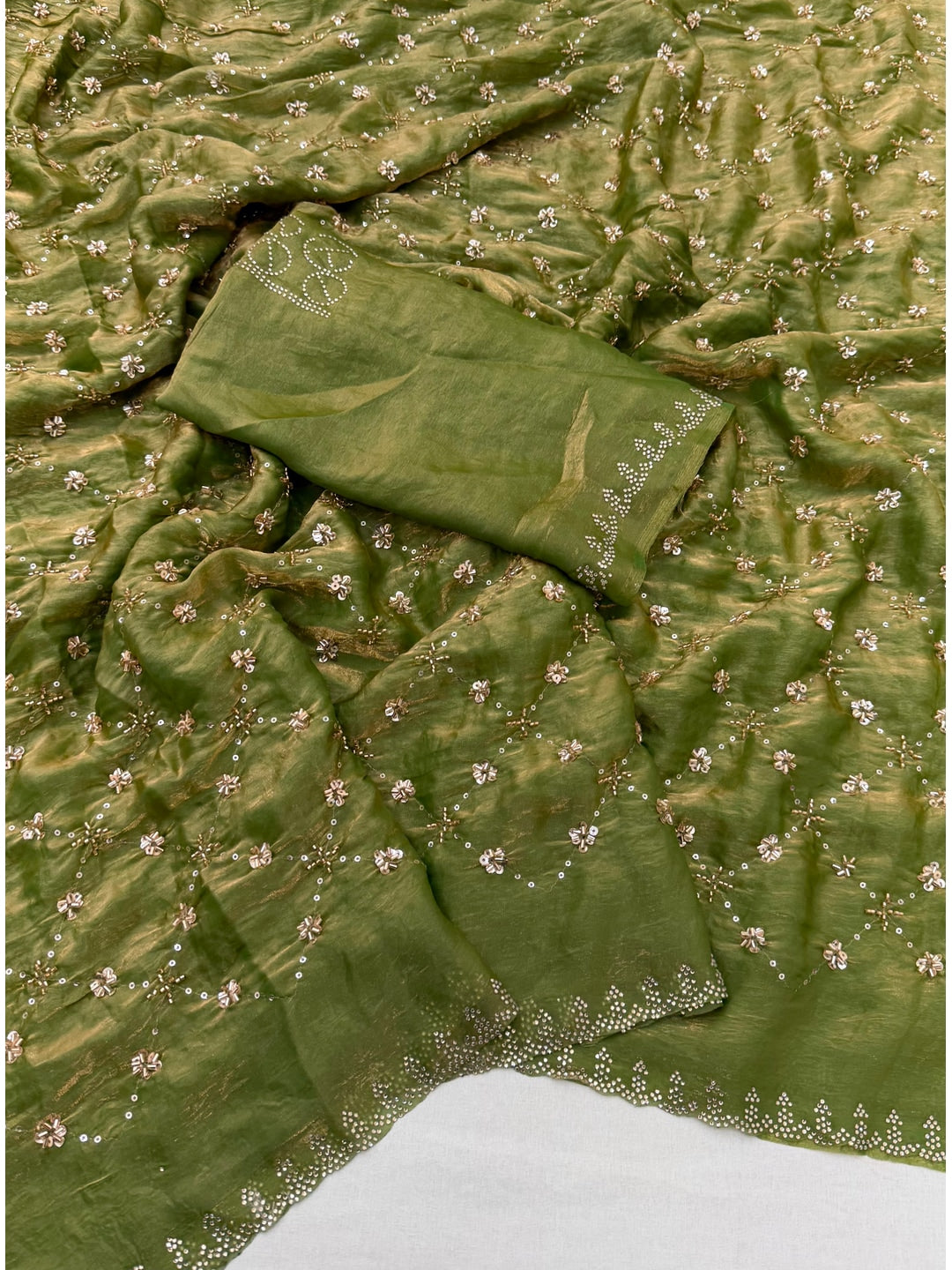 Peachmode Olive Satin Silk Saree with Stone Work Border - Image 2