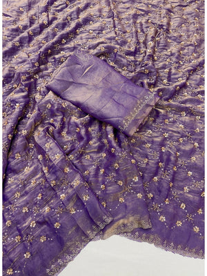 Peachmode Purple Satin Silk Saree with Stone Work Border - Image 2